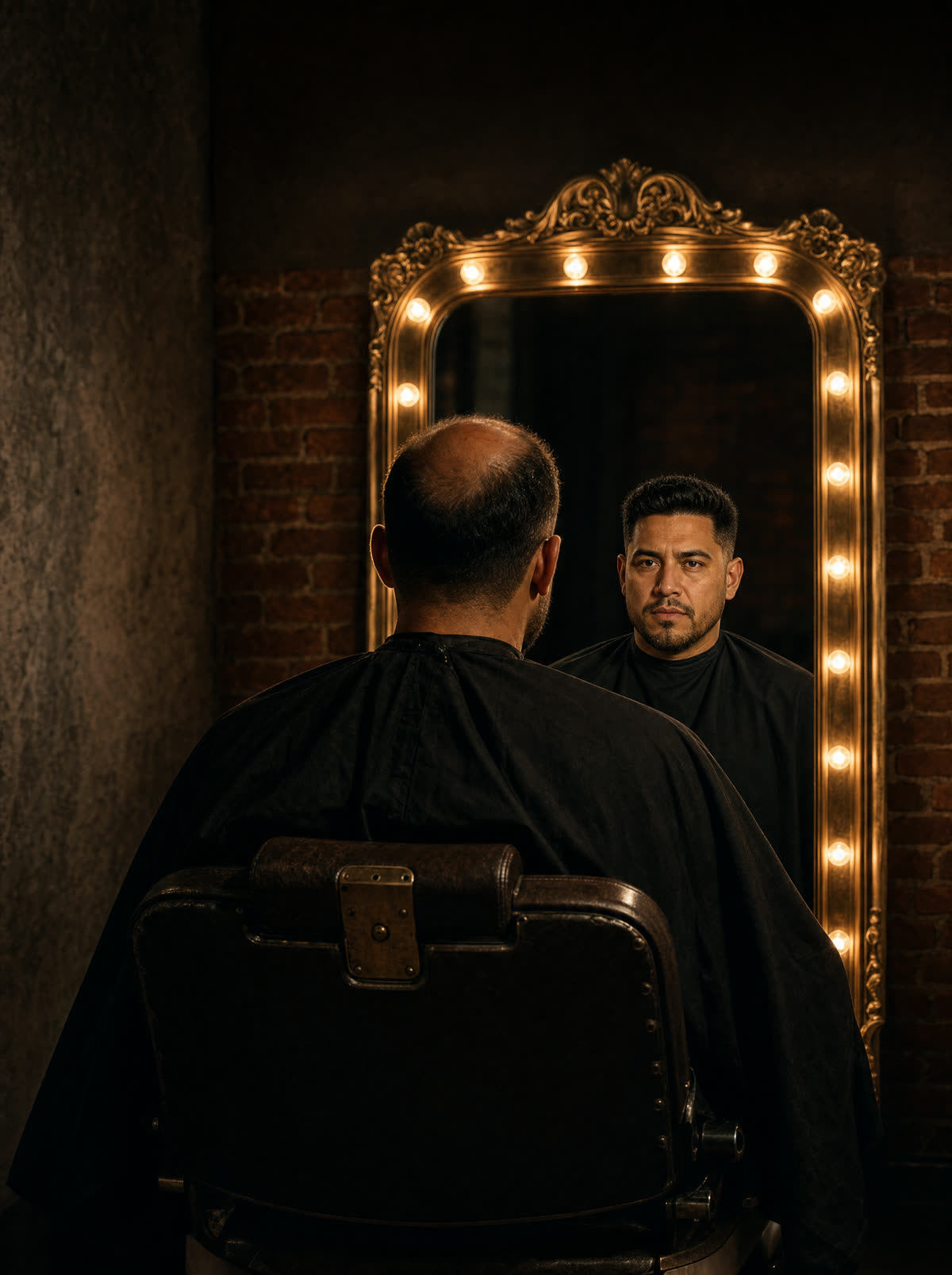 Hombre frente a un espejo de marco dorado, su reflejo lo muestra con el cabello completo