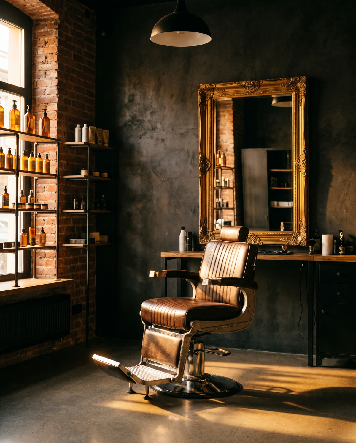 Interior del estudio en hora dorada, silla de barbero iluminada, sin personas