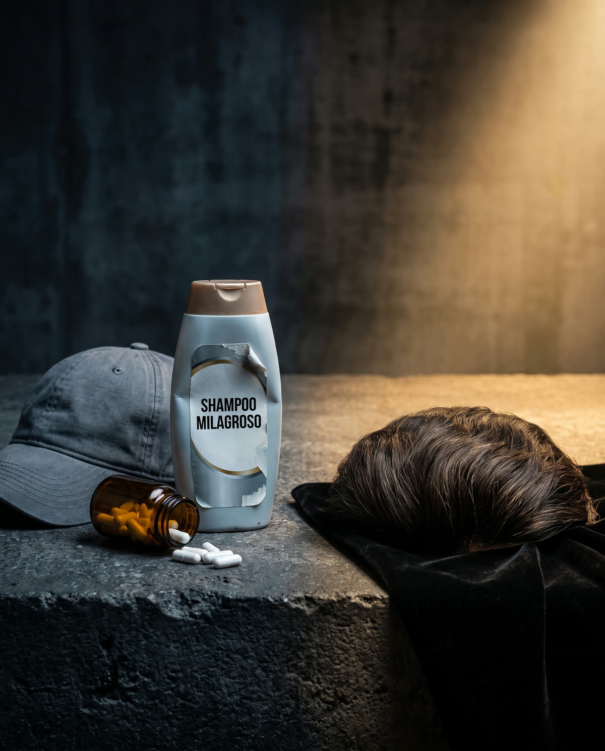 Bodegón: productos genéricos en penumbra fría contra una pieza capilar iluminada en cálido